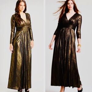 David Meister Black Gold Metallic Print Full Length Gown V Neck Long Sleeve SZ 6